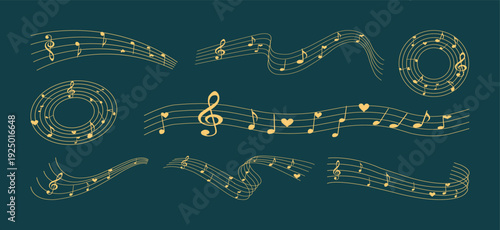 Golden Music Notes Wave – Flowing Musical Staff with Clefs and Dynamic Melody Patterns, Elegant Gold Vector Design for Posters.