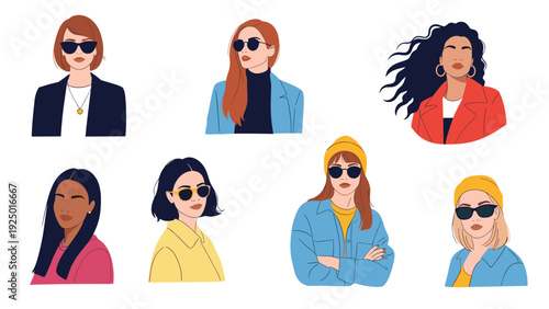 A collection of eight portraits of stylish and confident modern women with diverse hairstyles and fashionable accessories.