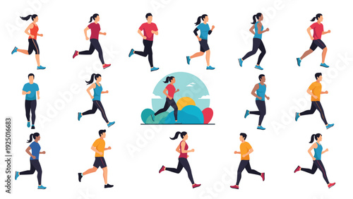 A large collection of diverse male and female characters in sportswear shown in various running and jogging poses and actions.