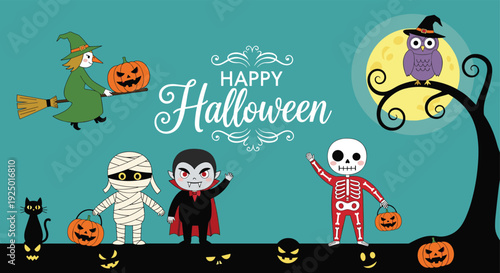 Happy Halloween greeting card with cute mummy, vampire, skeleton, and witch character illustration, spooky holiday background cad drawing flat vector illustration.