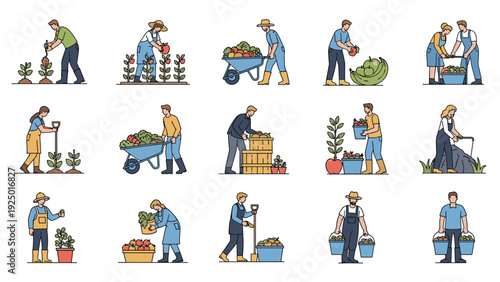 A comprehensive set of 15 illustrations showing farmers and gardeners engaged in various agricultural and harvesting tasks.