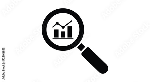 Black vector graphic illustration depicting a magnifying glass focused intently upon a digital bar and line chart representing business analytics and financial growth data trends