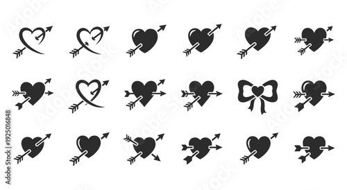 Set of cupid hearts pierced by arrows black silhouette