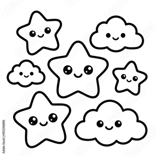 A collection of cute cartoon stars and clouds with happy faces for coloring or decoration isolated on white background, Vector, illustration