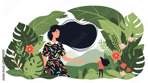 A woman surrounded by lush tropical leaves gently reaches out to her inner child, symbolizing self-care and healing.