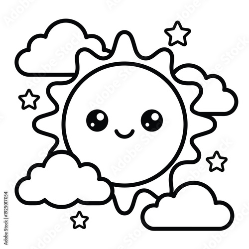 A cheerful cartoon sun with a face surrounded by fluffy clouds and twinkling stars isolated on white background, Vector, illustration