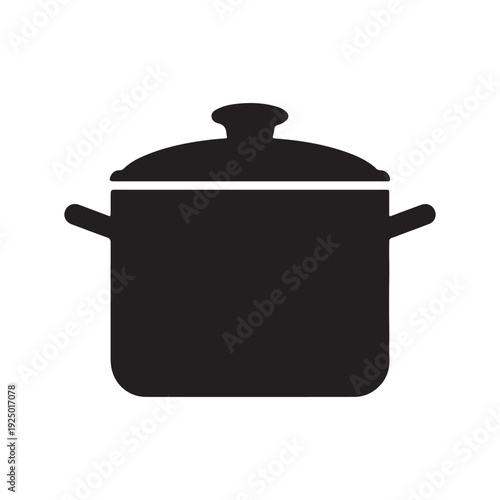 Black silhouette of a cooking pot with lid and handles isolated on white background for design and illustration