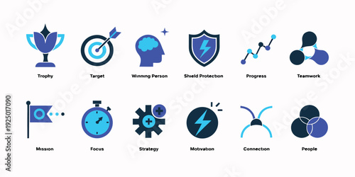 A collection of blue and black icons depicting concepts like teamwork strategy mission focus and protection with