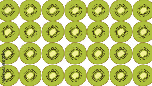Grid pattern of repeating green kiwi fruit slices with black seeds and light centers, creating a fresh and healthy background.