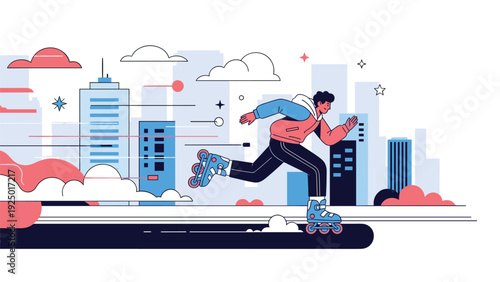 A young man enjoys a fast and energetic rollerblading session through a modern, stylized urban city landscape.