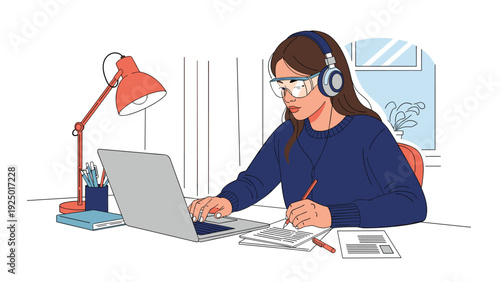 Young woman wearing headphones and safety goggles working diligently at her desk with a laptop and taking notes in a notebook.