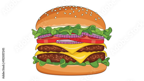 Delicious double cheeseburger with sesame seed bun, fresh lettuce, tomato, red onion slices, and multiple melted cheese layers.