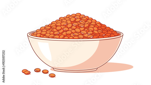 Large white bowl filled with dried red lentils with several grains scattered around the base, isolated on a white background.