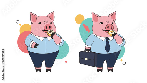 Two cartoon pigs dressed in business attire, one carrying a briefcase, both happily eating small pastries on a white background.