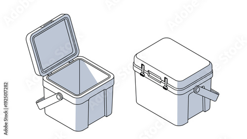 Open and closed views of a blue portable cooler box or ice chest with a handle, ideal for outdoor camping and picnics.