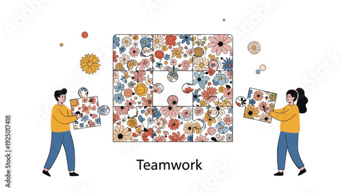 A man and a woman demonstrate teamwork by collaborating to assemble a large and beautiful floral jigsaw puzzle together.