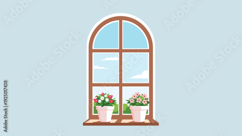 Arched brown wooden window frame with two pots of vibrant pink and white flowers on the sill, looking out to a bright blue sky.
