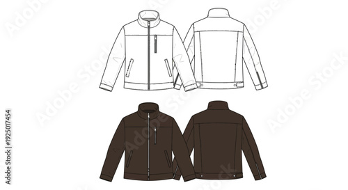 Vector technical flat illustration set of a men's casual zip-up stand collar jacket showing front and back views in white and brown colorways for apparel design