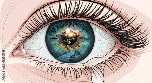 The eye reflects a serene landscape with a winding road.