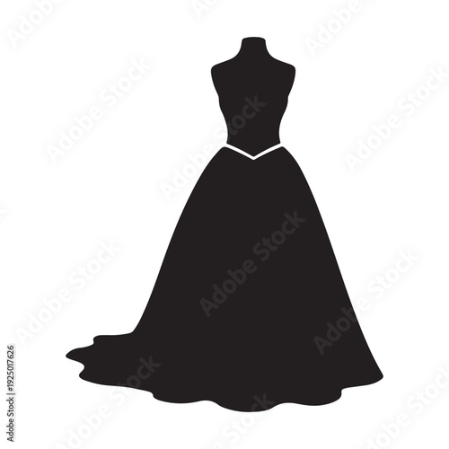 Black silhouette of a female mannequin wearing an elegant ball gown with a defined waist and full skirt on white background  fashion illustration
