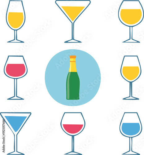 Generate a bar-themed icon pack including wine, beer, martini, and champagne glasses.