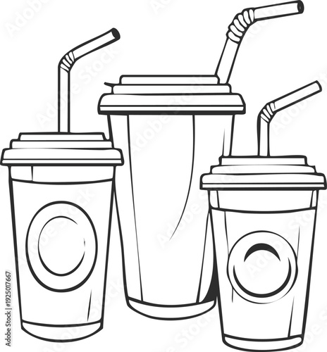 Develop a simple monochrome outline pack of soda, juice, and smoothie cups. 