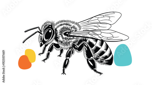 Detailed black and white engraving of a honey bee with wings and stinger, shown with abstract colorful geometric shapes.