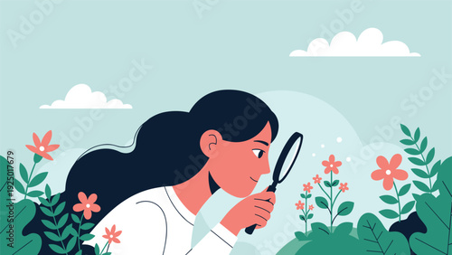 A curious woman in a lush garden closely examines the details of small, delicate flowers with a magnifying glass.