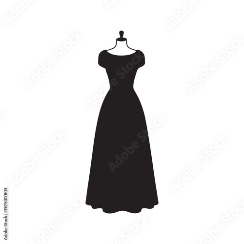 Black silhouette of a female mannequin wearing an elegant short sleeved long formal evening dress on a headless body  isolated on white background