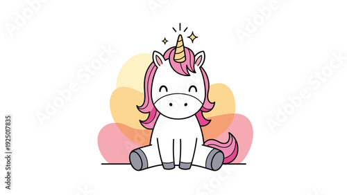 Charming cartoon unicorn with a pink mane and tail sitting down in front of soft colorful clouds and magical sparkles.