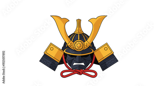 Traditional Japanese samurai helmet, known as kabuto, featuring gold ornaments and a menacing black face mask.