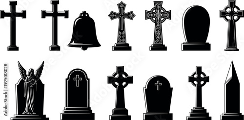 Black cemetery silhouette set with various gravestones christian crosses angel monument and church bell for funeral memorial and spooky halloween designs