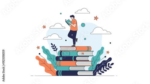 A young man stands on a tall stack of books while reading, symbolizing the journey of learning and gaining knowledge.