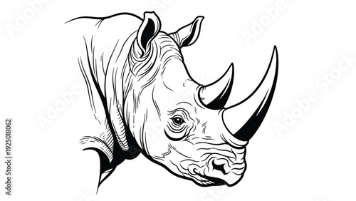 Powerful engraving style illustration of a rhinoceros head with prominent horns and realistic wrinkled skin texture.