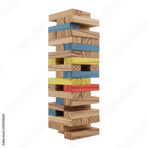 Stack of wooden blocks game pieces, some colored blue, yellow, and red, built into a tower structure isolated on transparent background