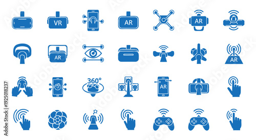 Set of virtual reality and augmented reality related blue icons