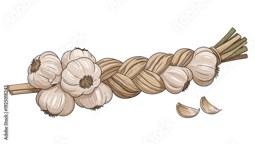 Traditional braid of fresh white garlic bulbs with dried stems and separate cloves for kitchen decoration or culinary art.