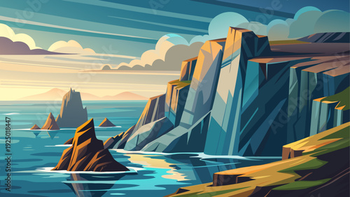 Steep rocky coastal cliffs rising above calm open ocean natural rock formations create strong shapes clear horizon separates sea and sky clean minimal vector illustration flat design