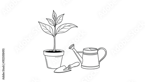 Line art drawing of a young green plant in a pot with a watering can and a small hand trowel for home gardening.