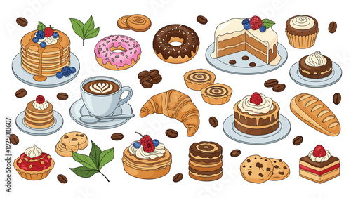 A delicious assortment of hand-drawn bakery and cafe items including cakes, donuts, croissants, pancakes, and coffee.