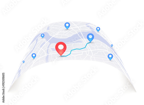 City map with navigation markers to destination. Urban plan with red and blue navigation route pointers. Delivery service concept, urban logistics.
