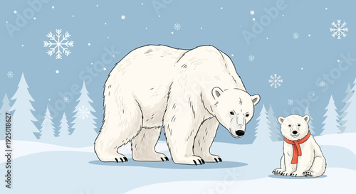 A polar bear mother and cub enjoy a snowy winter day.