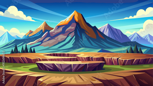 A high mountain plateau with flat elevated ground surrounded by distant mountain ranges open sky creates a strong sense of elevation clean minimal vector illustration flat design