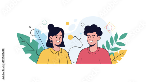 A young man and woman are smiling and having a pleasant conversation, with abstract shapes and leaves in the background.