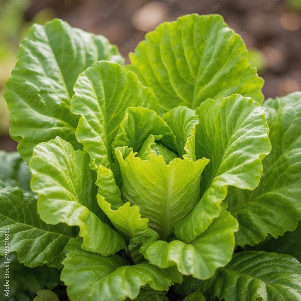 Obraz premium Fresh green lettuce growing in the garden, close-up shot with blurred background, vibrant and healthy leaves