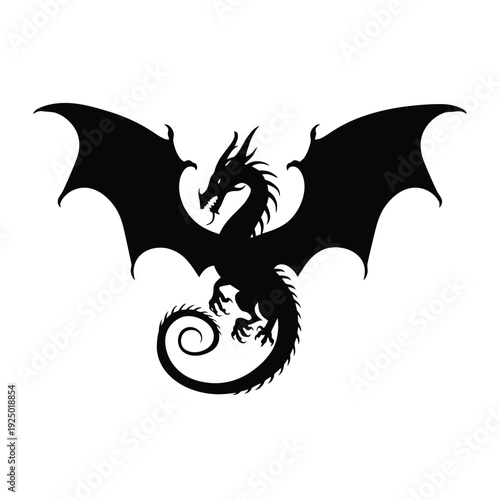Mythical dragon with bat-like wings in sleek silhouette design isolated on white background, Vector, illustration