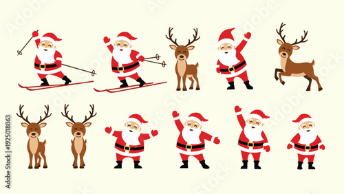 A cute and cheerful collection of Santa Claus and reindeer characters in various fun poses, including skiing and waving.