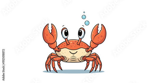 Adorable orange cartoon crab with large eyes and raised claws blowing small bubbles in a playful underwater scene.