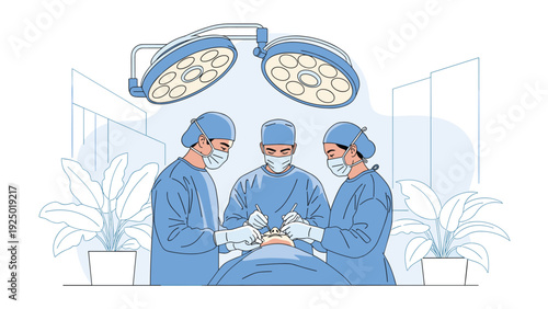 A team of three surgeons in a modern operating room is performing a delicate surgery on a patient under bright lights.