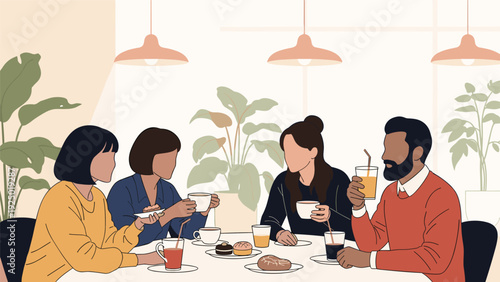 A diverse group of four friends enjoys a pleasant meal and conversation together at a table in a stylish, modern cafe.